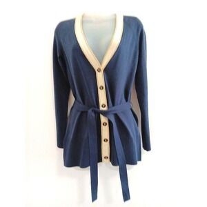 ANN TAYLOR Cardigan Tie Waist Knit Small‎ Blue Gold Button Silk Tunic Nautical
